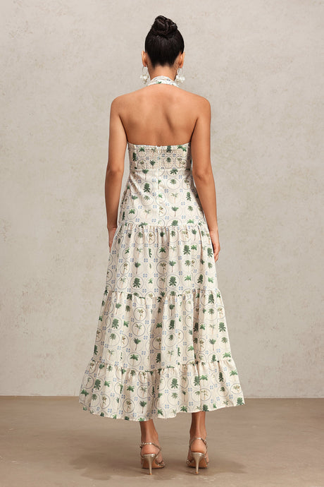 Pierina Green Floral Tiered Halter Dress