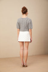 Pierina Sweater Crystal Embellished Cable - Knit Cropped Gray & Short Puff Sleeves