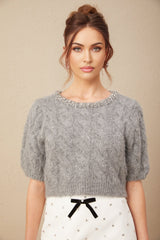 Pierina Sweater Crystal Embellished Cable - Knit Cropped Gray & Short Puff Sleeves
