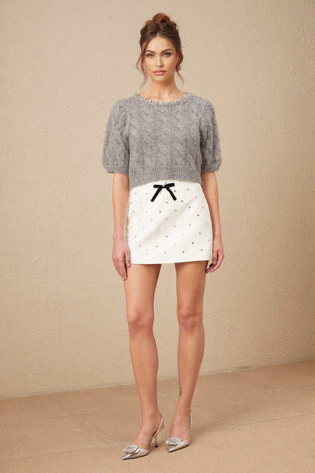 Pierina Sweater Crystal Embellished Cable - Knit Cropped Gray & Short Puff Sleeves