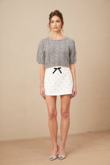 Pierina Sweater Crystal Embellished Cable - Knit Cropped Gray & Short Puff Sleeves