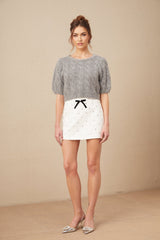Pierina Sweater Crystal Embellished Cable - Knit Cropped Gray & Short Puff Sleeves