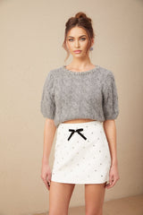 Pierina Sweater Crystal Embellished Cable - Knit Cropped Gray & Short Puff Sleeves