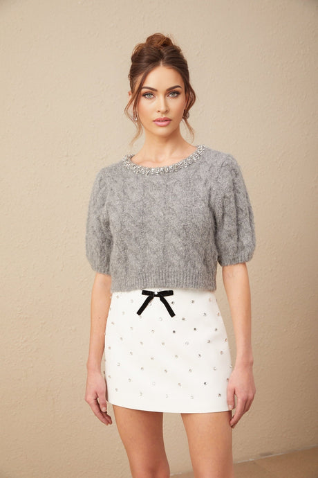 Pierina Sweater Crystal Embellished Cable - Knit Cropped Gray & Short Puff Sleeves