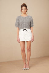 Pierina Sweater Crystal Embellished Cable - Knit Cropped Gray & Short Puff Sleeves