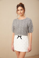 Pierina Sweater Crystal Embellished Cable - Knit Cropped Gray & Short Puff Sleeves