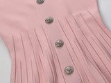 Pink A-line knit dress with long sleeves and decorative buttons