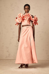 Pink floral matching set with applique details on top and skirt