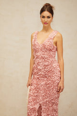 Pink floral maxi dress with V neckline and faux flower pattern