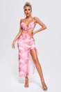 Pink Floral Midi Dress with Cut-Out Design and Flowy Hemline