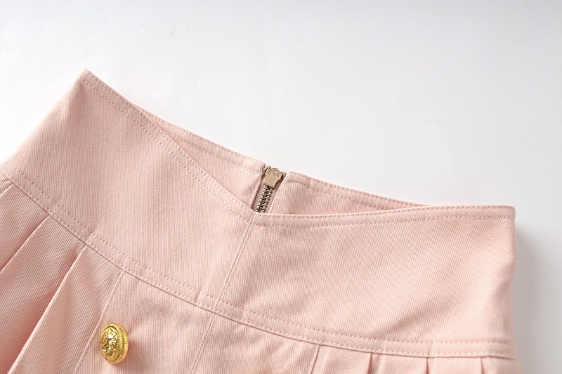Pink high-waisted A-line skirt with double-breasted button detailing