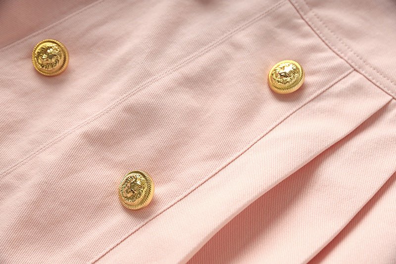 Pink high-waisted A-line skirt with double-breasted button detailing