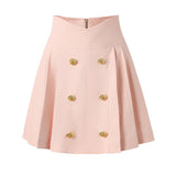 Pink high-waisted A-line skirt with double-breasted button detailing and gold-tone decorative buttons