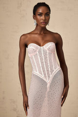 Pink maxi dress with rhinestone embellishments and semi sheer design named Donatella