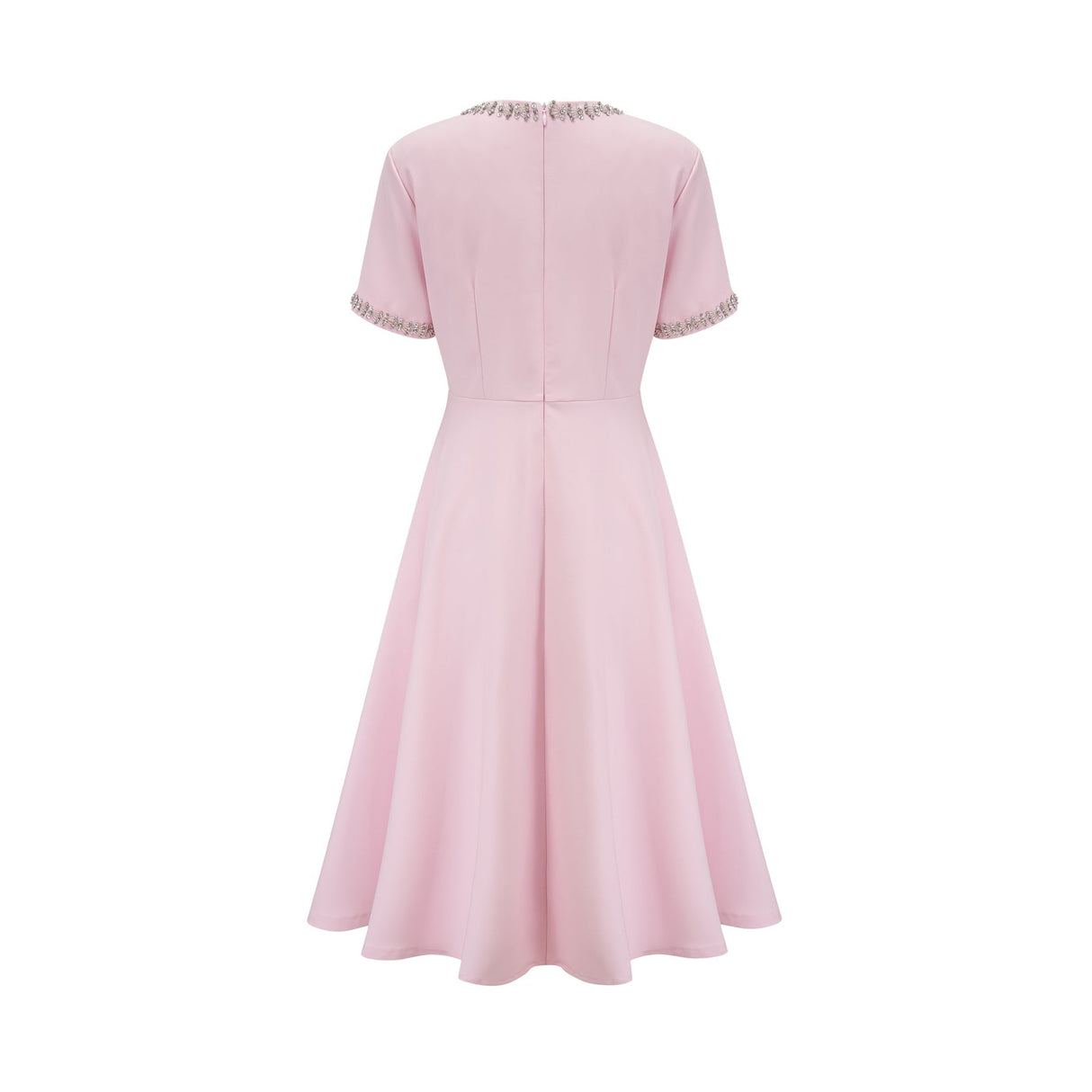 Pink midi dress with crystal accents and bow detail named Cassiopeia