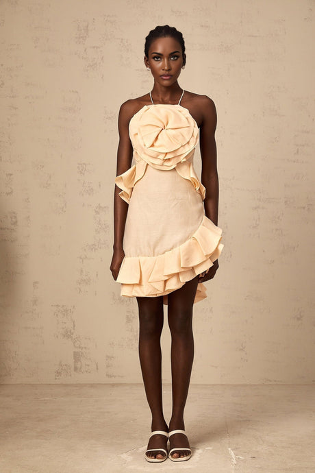 Pink mini dress with 3d petal ruffles and a short hemline called Ginevra