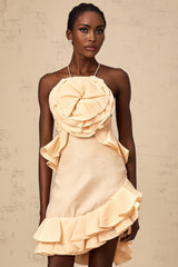 Pink mini dress with 3d petal ruffles featuring a short length and textured floral design
