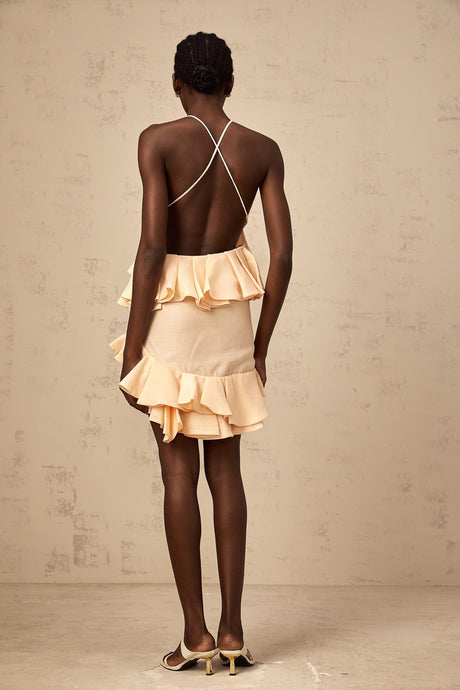 Pink mini dress with 3d petal ruffles named Ginevra