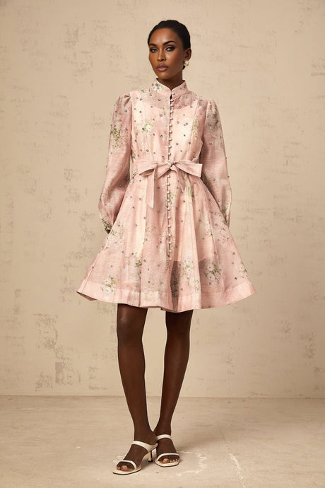 Pink mini dress with floral print and embellishments called Narcisse
