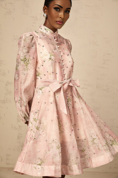 Pink mini dress with floral print and embellishments featuring Narcisse design