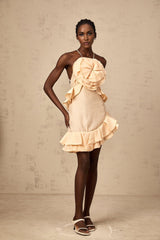 Pink mini dress with ruffled 3d petal details and short length