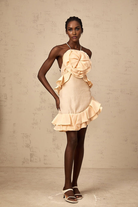 Pink mini dress with ruffled 3d petal details and short length