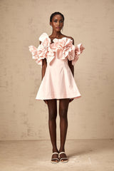Pink off shoulder mini dress with 3D petal details named Juliette
