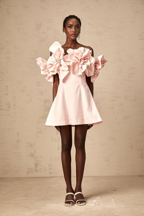 Pink off shoulder mini dress with 3D petal details named Juliette