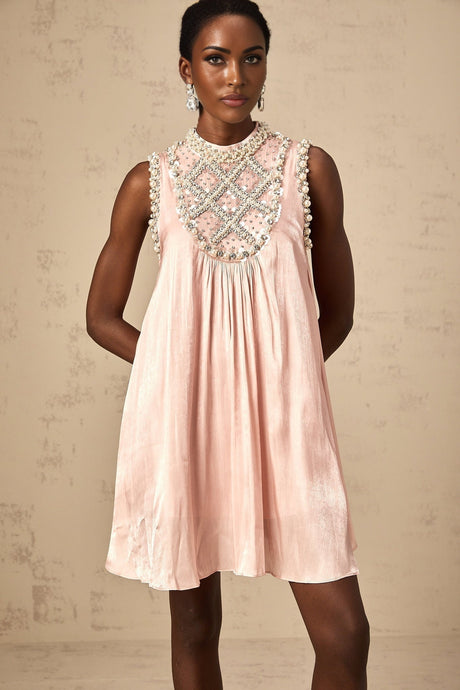 Pink pleated mini dress with embellishments named Helena