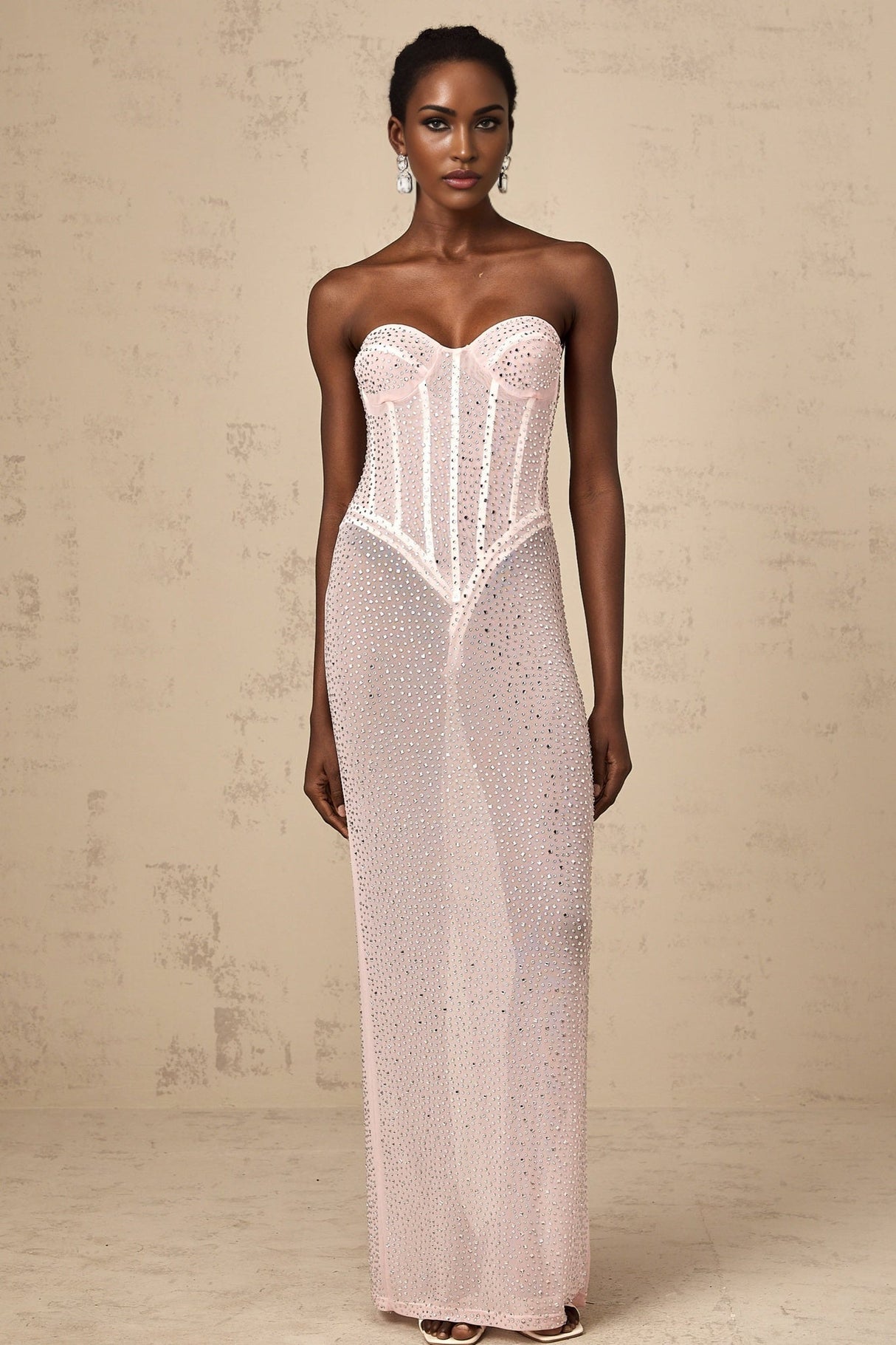 Pink semisheer maxi dress with rhinestone embellishments named Donatella