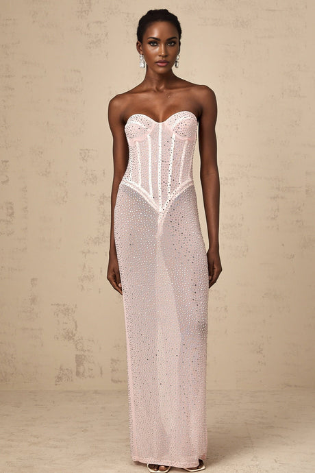 Pink semisheer maxi dress with rhinestone embellishments named Donatella