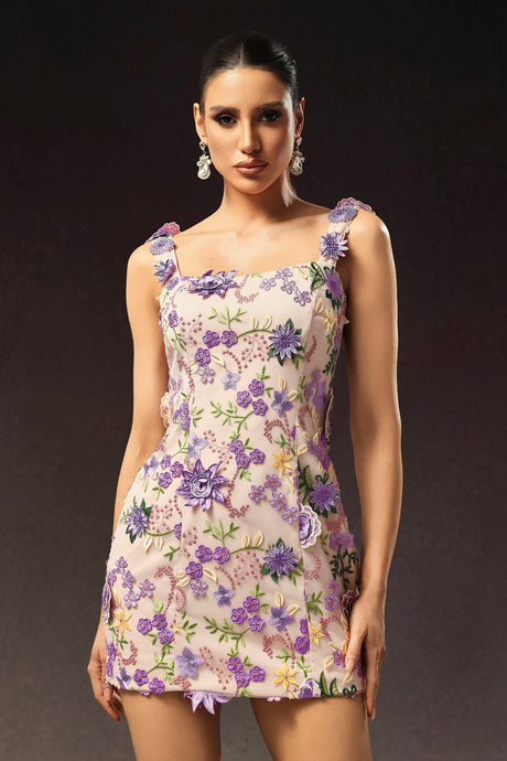 Pink Tanya Sleeveless Flower Mini Dress with Floral Embroidery