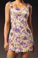 Pink Tanya Sleeveless Flower Mini Dress with Floral Embroidery