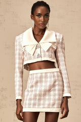 Pink tweed jacket and skirt set with check pattern named Ludivine