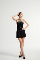 Piper Black Crystal - Studded Mini Dress With Halter Neck