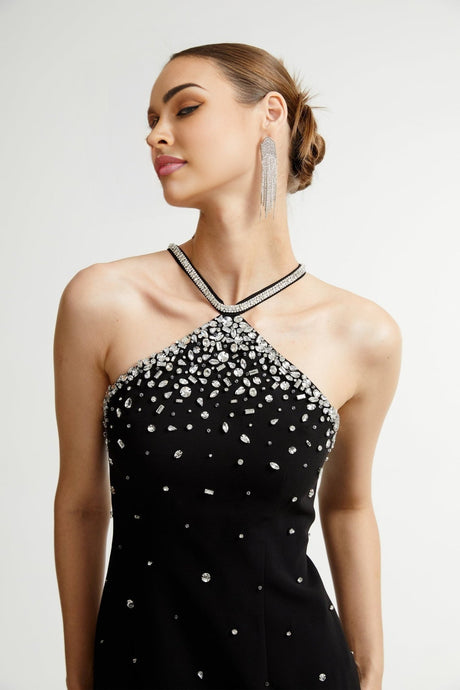 Piper Black Crystal - Studded Mini Dress With Halter Neck