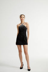Piper Black Crystal - Studded Mini Dress With Halter Neck