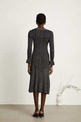 Piper Midi Dress Black Metallic Flounce Mermaid Button Openback