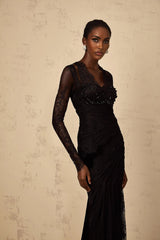Presley Maxi Dress Black Floral - Lace Rhinestone Mermaid Hem