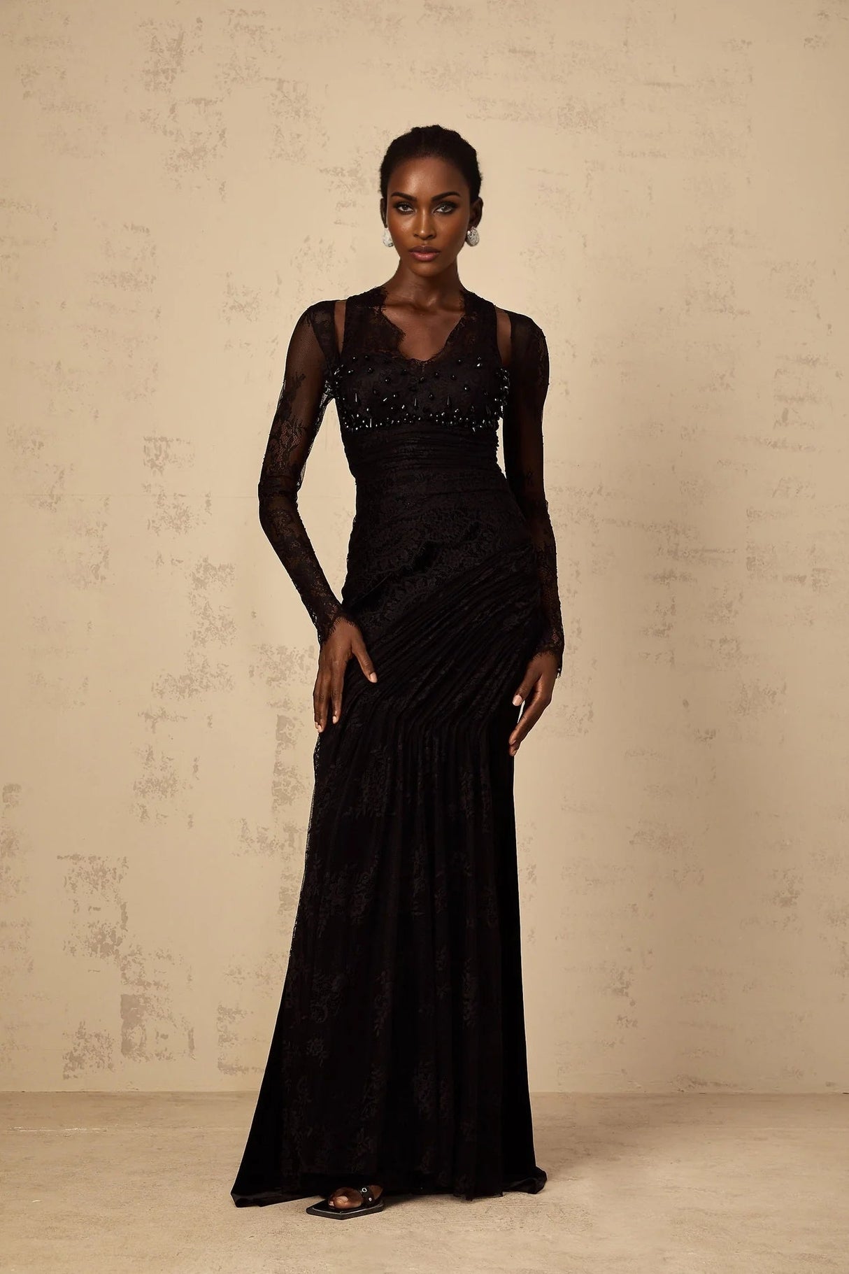 Presley Maxi Dress Black Floral - Lace Rhinestone Mermaid Hem