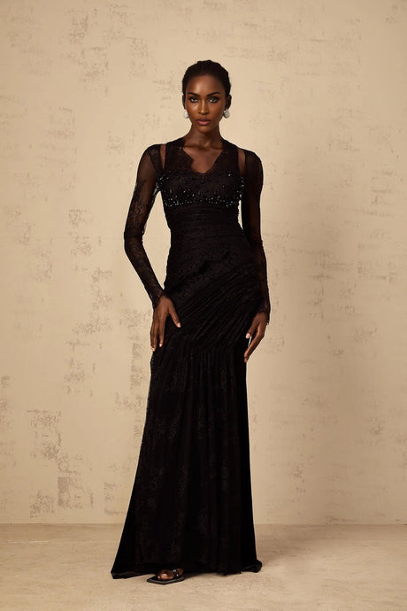 Presley Maxi Dress Black Floral - Lace Rhinestone Mermaid Hem