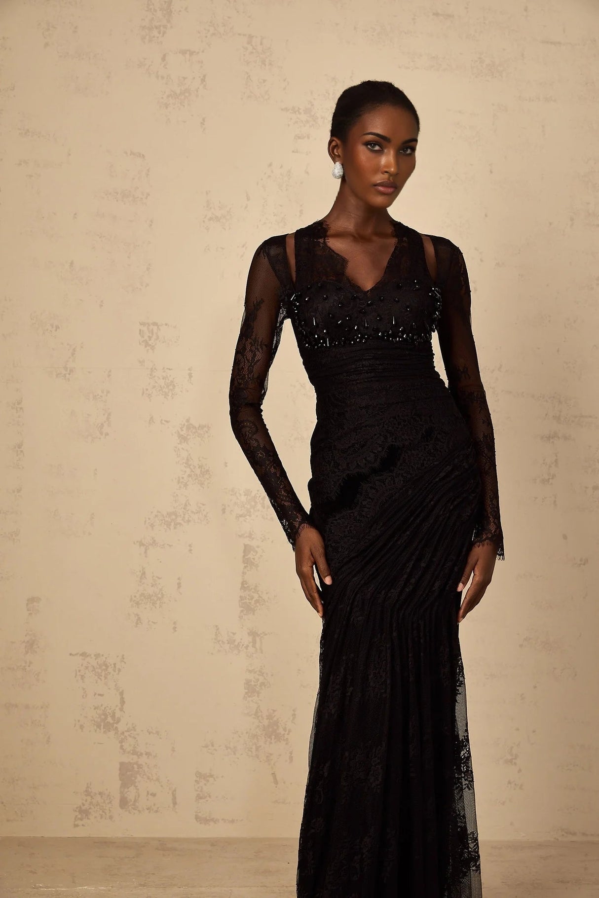 Presley Maxi Dress Black Floral - Lace Rhinestone Mermaid Hem