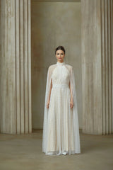 Presley Maxi Dress White Tulle Cape Embellished Rhinestone Pearl