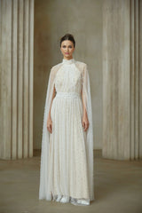 Presley Maxi Dress White Tulle Cape Embellished Rhinestone Pearl