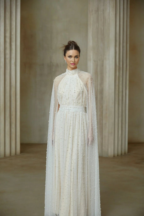 Presley Maxi Dress White Tulle Cape Embellished Rhinestone Pearl