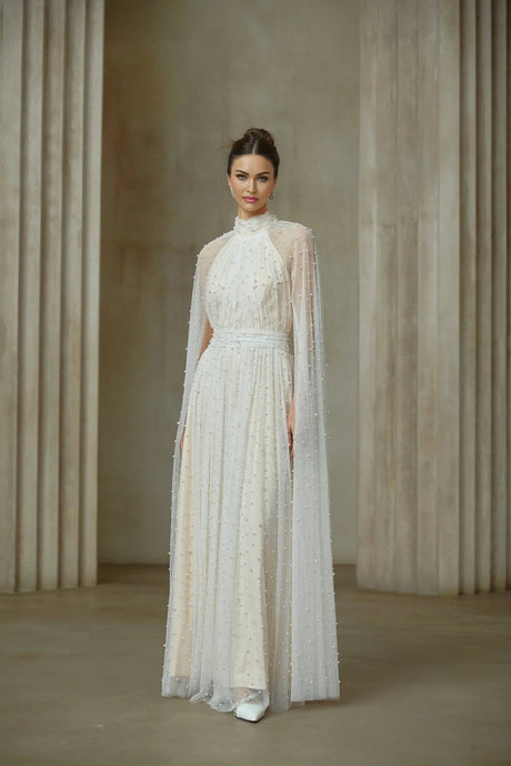 Presley Maxi Dress White Tulle Cape Embellished Rhinestone Pearl