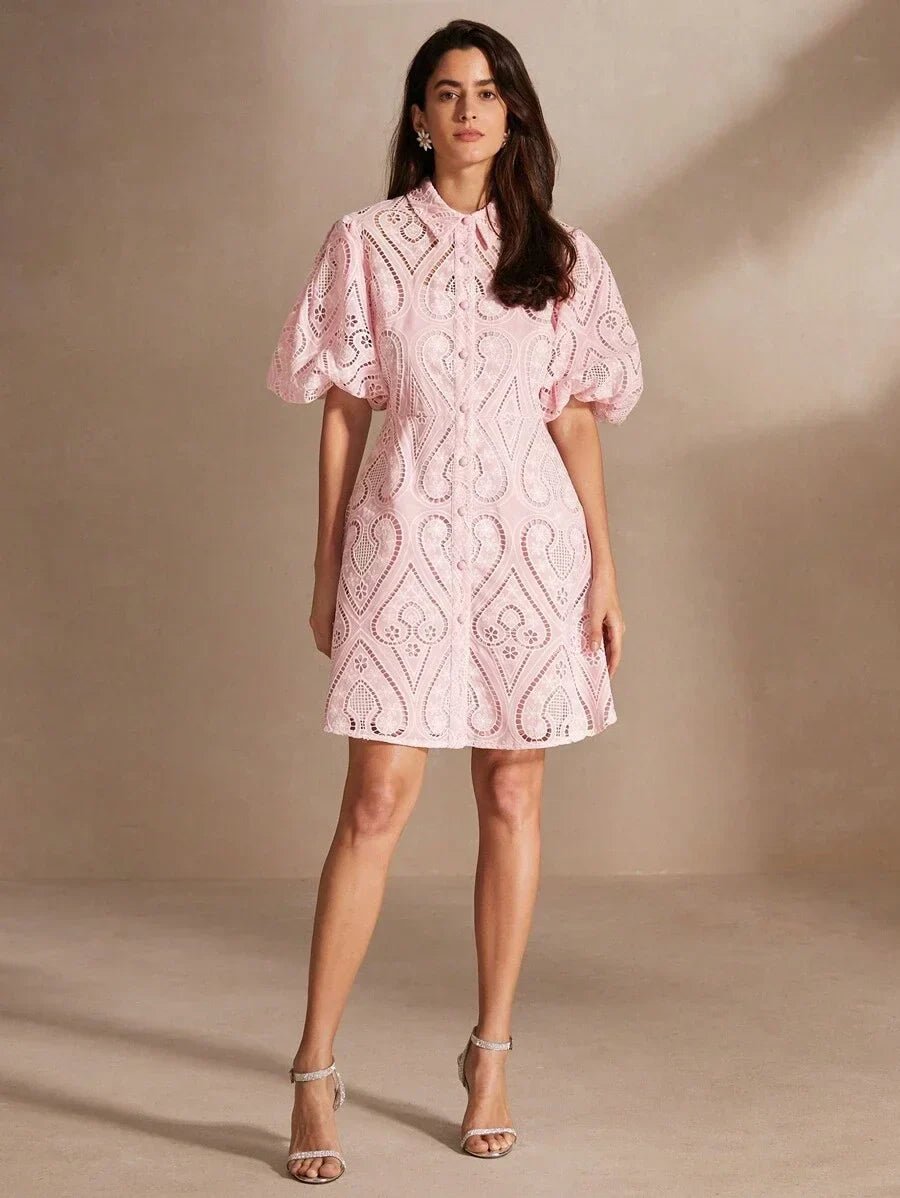 Presley Midi Dress - Puff Sleeve - Ruffle Hem - Eyelet Embroidery - Colorblock - Casual