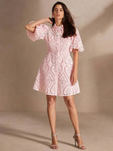 Presley Midi Dress - Puff Sleeve - Ruffle Hem - Eyelet Embroidery - Colorblock - Casual