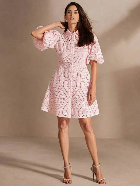 Presley Midi Dress - Puff Sleeve - Ruffle Hem - Eyelet Embroidery - Colorblock - Casual