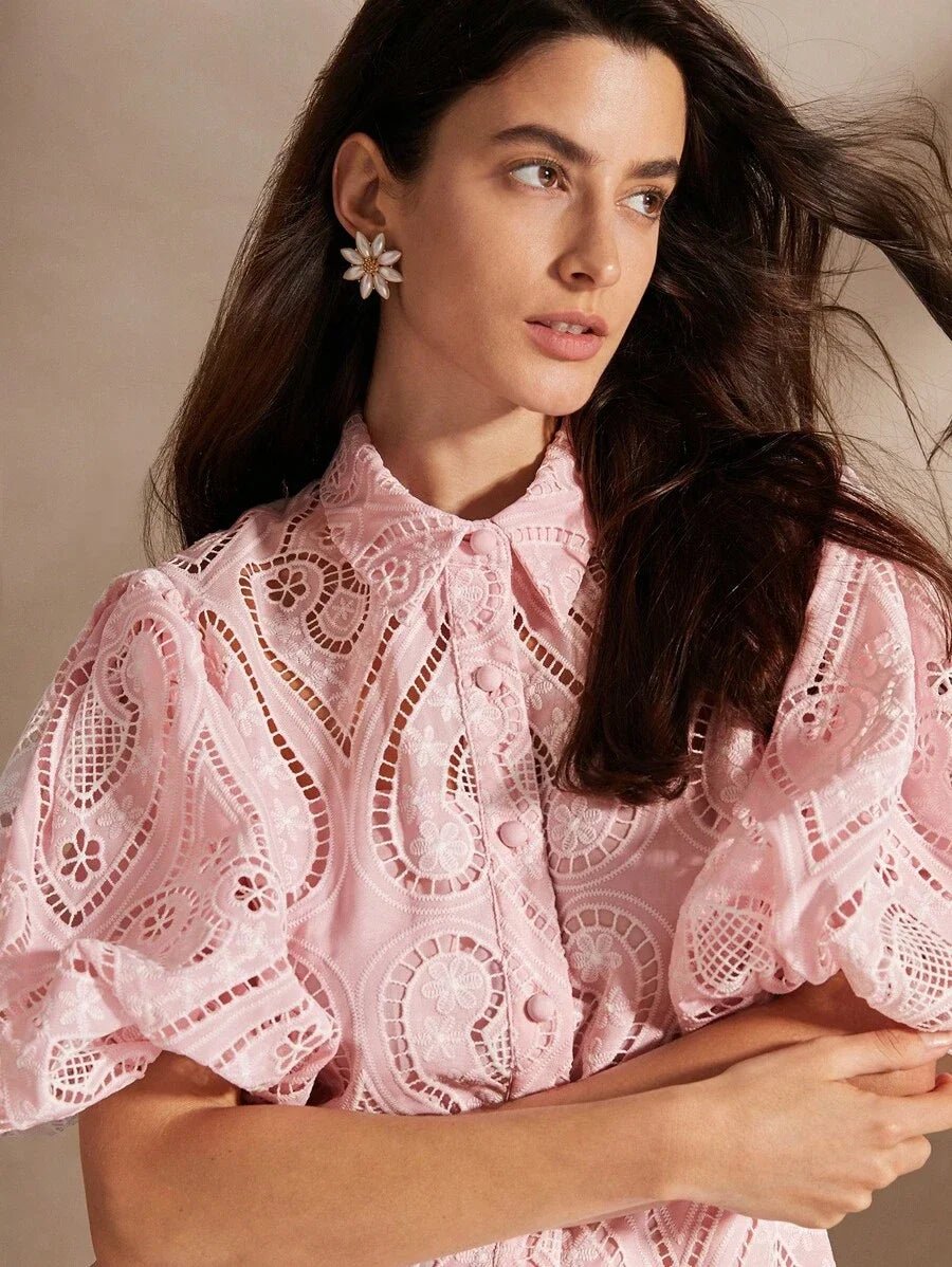 Presley Midi Dress - Puff Sleeve - Ruffle Hem - Eyelet Embroidery - Colorblock - Casual